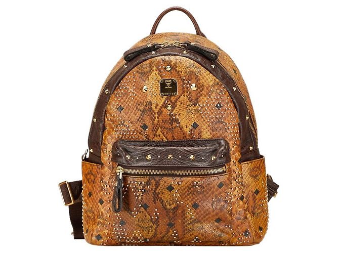 MCM Visetos Logogram Studded Python Backpack Brown Leather 