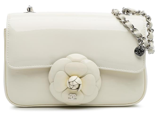 Chanel White Small Patent Camellia Single Flap Cream Leather