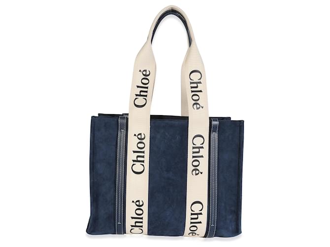 Chloé Navy Suede Calfskin Medium Woody Ribbon Tote Blue ref Chloé Navy Suede Calfskin Medium Woody Ribbon Tote Blue ref