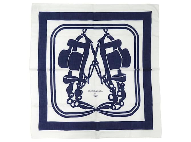 Hermès Carré 90 Brides de Gala Tattoo Scarf White Navy blue Silk