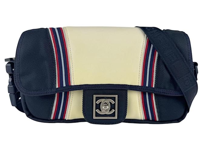 Chanel Sport Line Shoulder Bag Eggshell Navy blue Cloth ref
