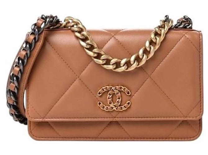 Chanel 19 Caramel Lambskin 21P Wallet On Chain WOC Mixed Metal