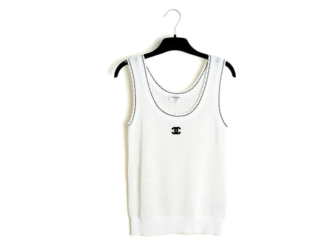Chanel Resort 2024 White Black CC Knit Top Tank FR36 UK8 US6