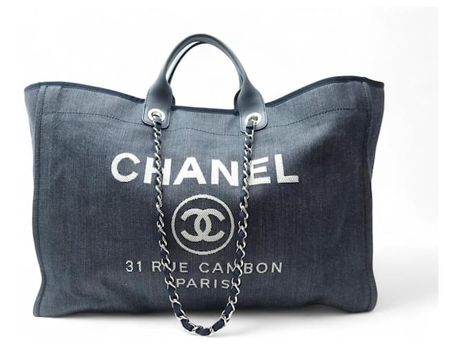 CHANEL DEAUVILLE SHOPPING XL 50 CM BLUE CANVAS TOTE BAG Navy blue