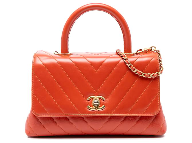 Coco Handle Chanel Orange Mini Chevron Lambskin Coco Top Handle