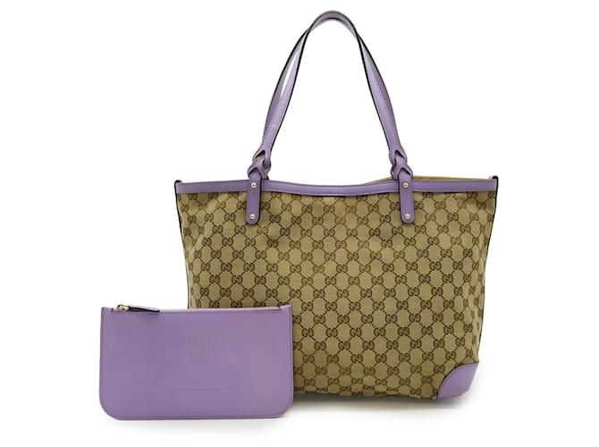 GUCCI GG Canvas Tote and Shoulder Bag Beige Purple Khaki Leather