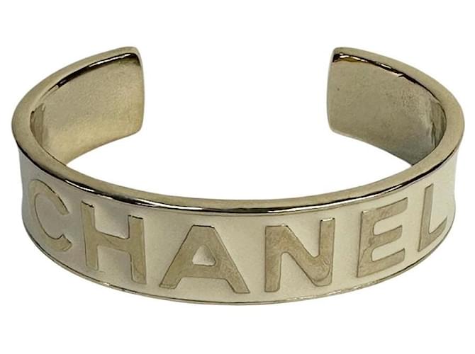Chanel 22S Logo Enamel Gold Tone Cuff Bracelet S Golden Metal ref