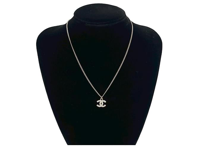 CHANEL Coco Mark Metal Rhinestone Necklace Silvery ref.2574213