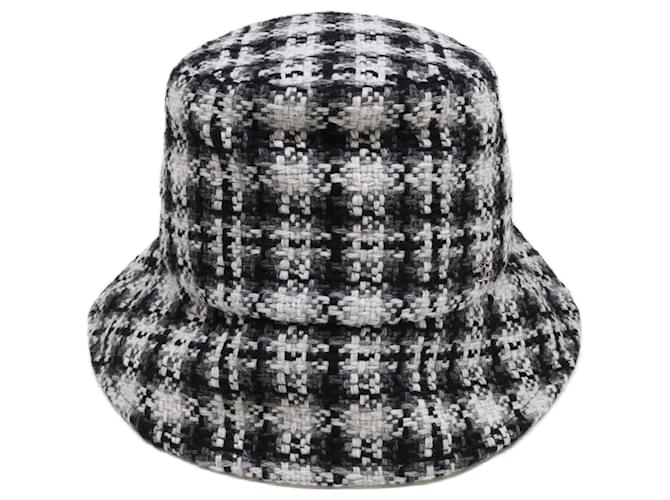 Chanel CC Coco Mark Tweed Bucket Hat Black White Wool ref