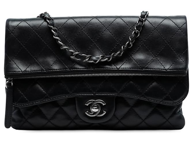 CHANEL【PARIS】 Chanel Black Paris-Salzburg Lambskin Zip Multi Flap Leather ref