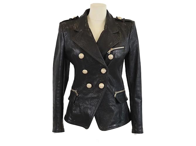 Balmain Black Embossed Crocodile Effect Lamb Leather Jacket