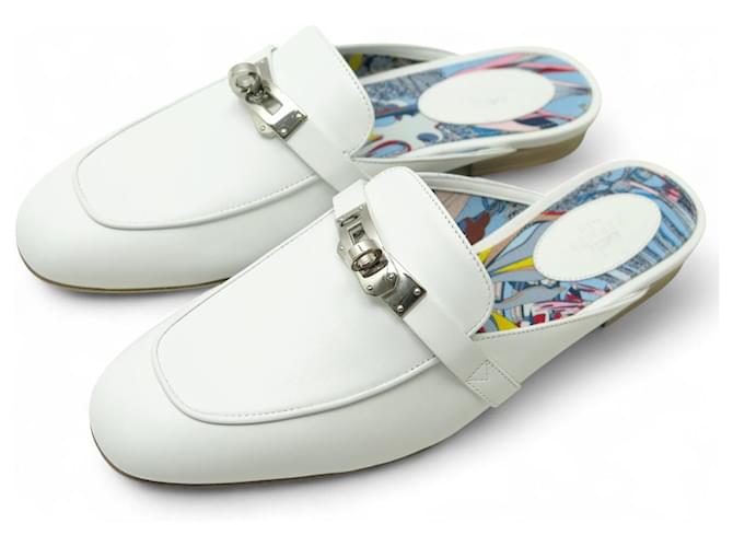 Hermès NEW HERMES OZ MULES H201075Z 38 WHITE LEATHER KELLY CLOSURE