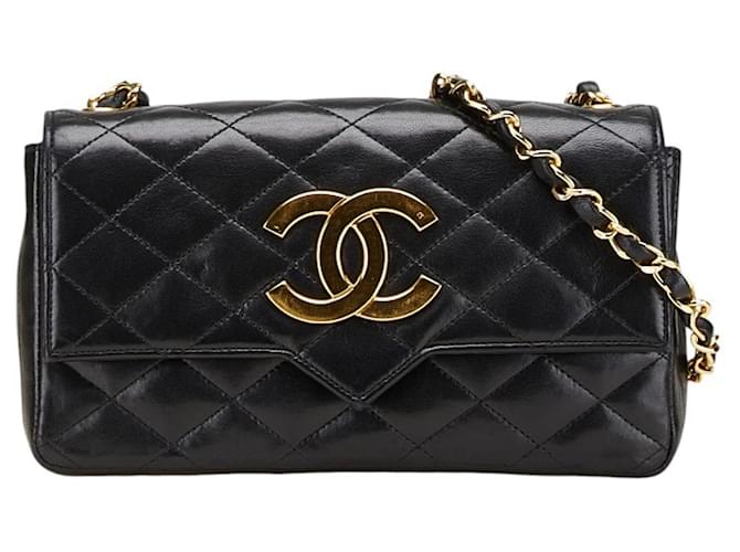 Chanel Matelasse Coco Mark Chain Shoulder Bag Black Leather ref