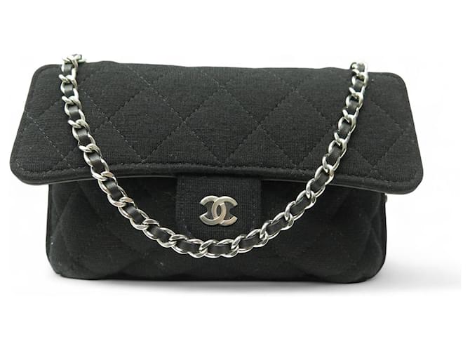 NEW CHANEL QUILTED JERSEY BLACK HANDBAG WITH CONVERTIBLE SHOULDER