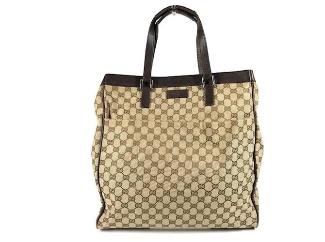 GUCCI 152601 GG Logo Vertical Tote Bag Beige Dark brown Cloth ref