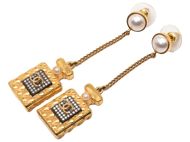Boucles D'oreilles Pendantes Dorées Avec Perle Blanche Et Strass - Neuf Sans Emballage