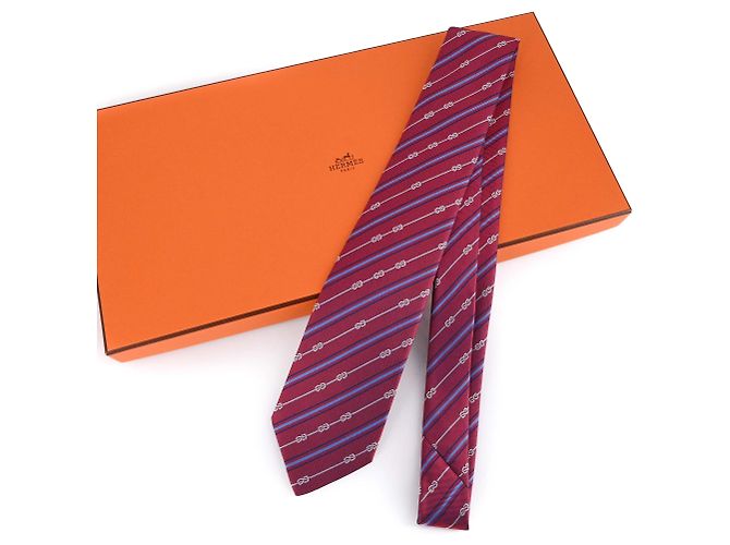 Cravate Hermès En Soie - Motif Nœud Cordage Multicolore, Occasion