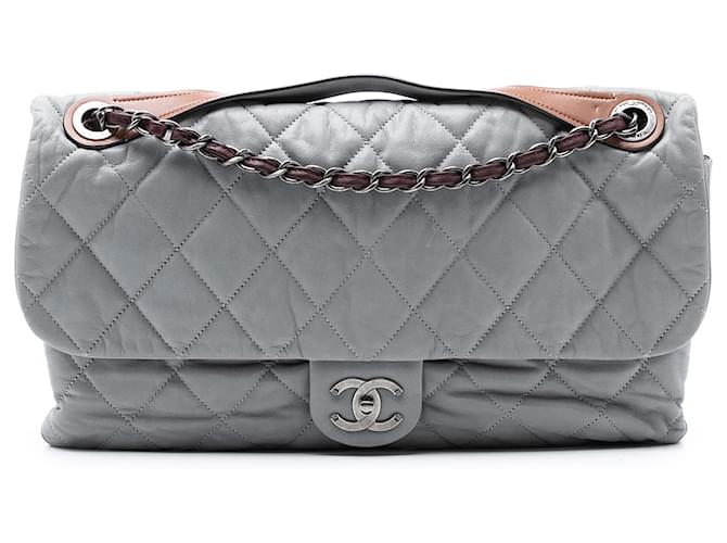 Chanel Gray Jumbo Iridescent Calfskin In The Mix Flap Brown Grey