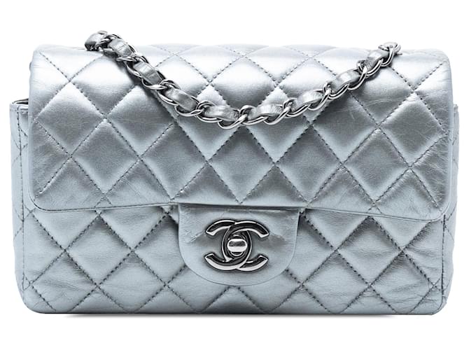 Chanel Silver Small Quilted Metallic Lambskin Single Flap Silvery