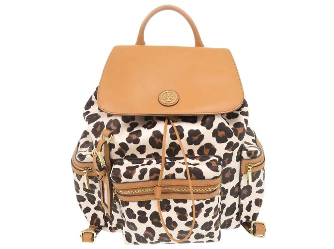 Tory Burch multicolor printed backpack with tan leather trim, top handle bag. Tory Burch Women main image 2