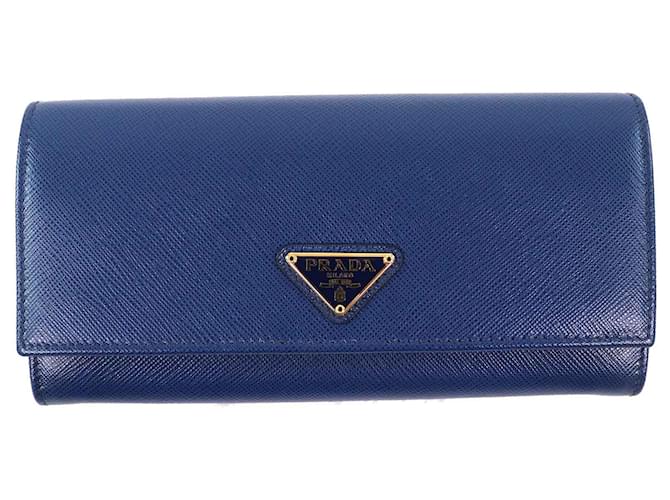 Prada Saffiano Triangolo Long Wallet Blue Leather ref.JC2667675