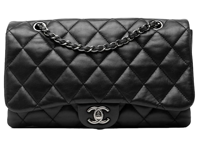 Chanel Black Jumbo Classic Lambskin 3 Compartment Flap Leather ref