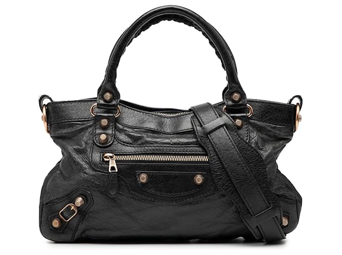 Balenciaga Black Lambskin Motocross Giant 12 First Satchel Leather