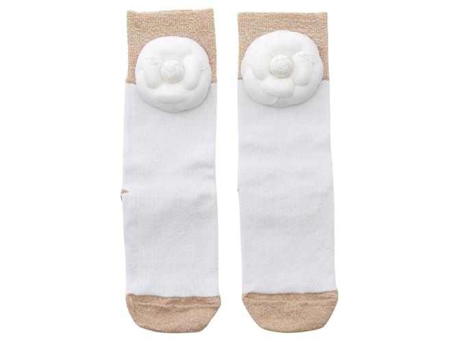 Chanel Camellia Coco Mark Socks White Golden Viscose ref.2686013