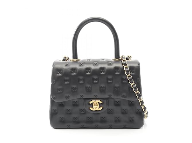 Chanel Cross Stitch Top Handle Shoulder Bag Black Leather ref