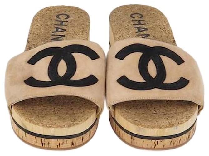 Chanel Tan/Black Suede CC Cork Mule Sandals Beige ref.2690321