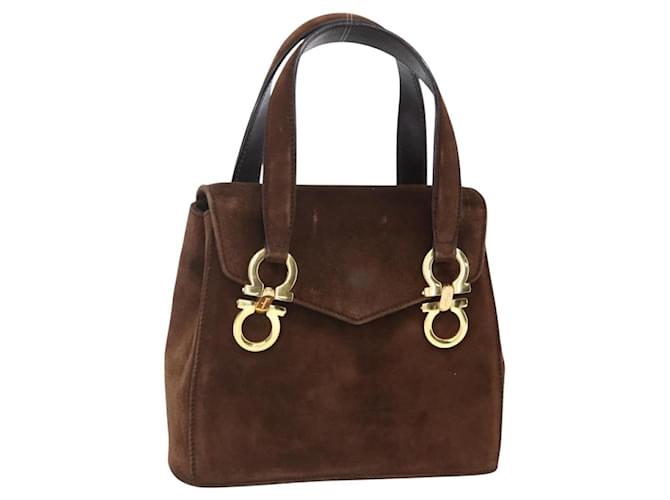 Salvatore Ferragamo Gancini Hand Bag Suede Brown Gold Auth gh1183