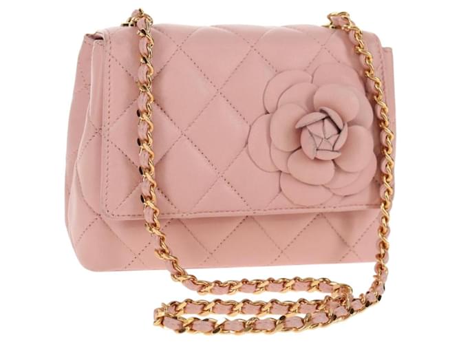 CHANEL Matelasse Camellia Chain Shoulder Bag Leather Pink Gold CC