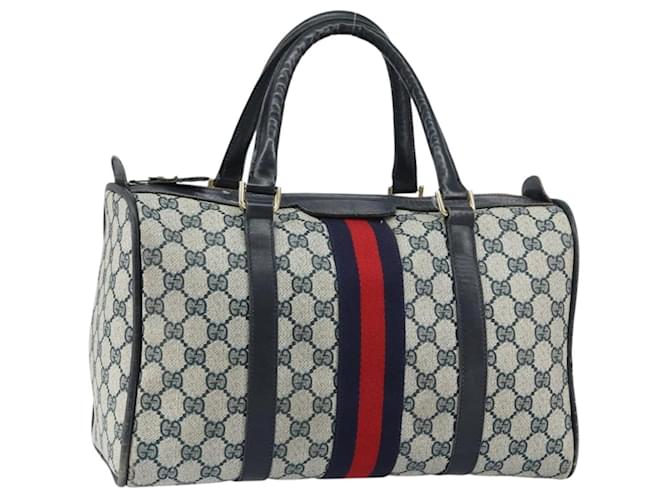 GUCCI GG Supreme Sherry Line Boston Bag PVC Navy Gold Auth 156820