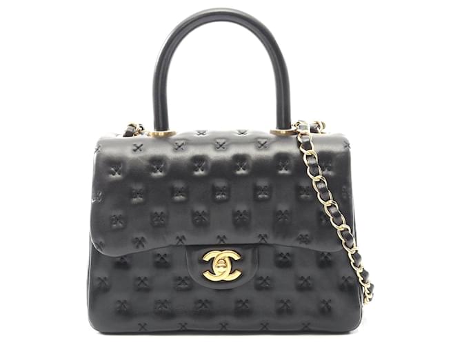 Chanel Lambskin Cross Stitch Top Handle Bag Black Leather ref