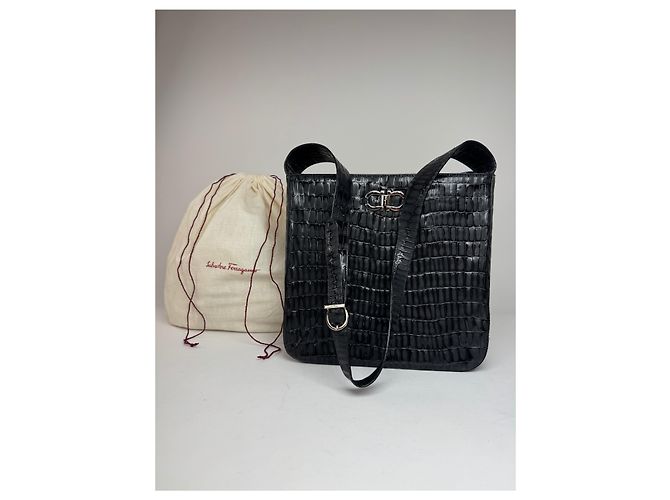 Vintage Salvatore Ferragamo Crocodile Emblossed Leather Bag Black