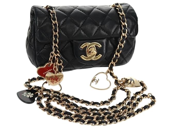 CHANEL Mini Matelasse 14 Chain Bag Lamb Skin Black Gold CC Auth