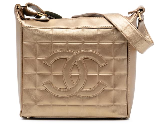 Chanel Gold CC Chocolate Bar Metallic Lambskin Shoulder Bag Golden