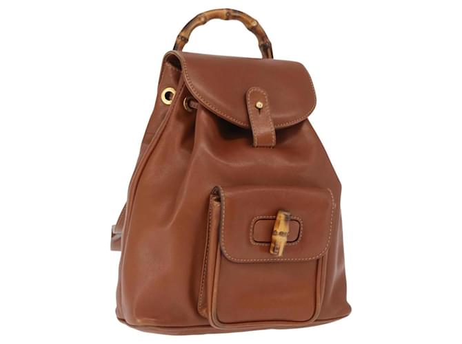 GUCCI Bamboo Backpack Leather Brown Gold 003 1705 0030 Auth BA9057