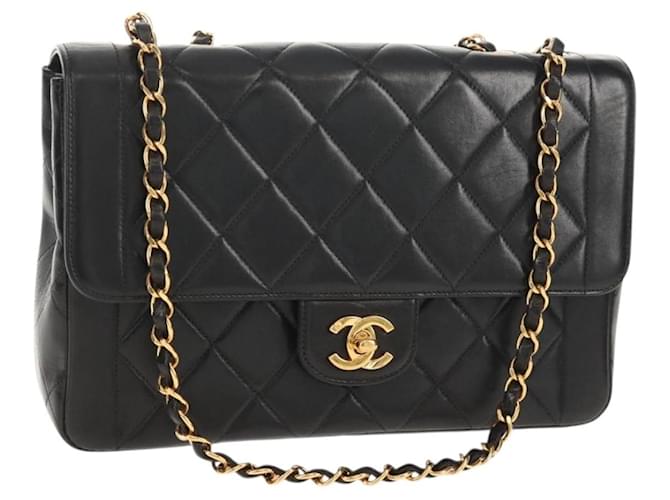 CHANEL Matelasse Chain Hand Bag Lamb Skin Black Gold CC Auth