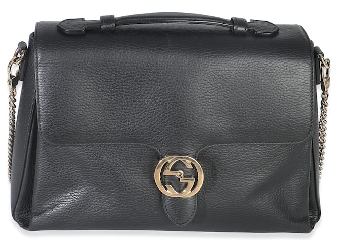 Gucci Black Pebbled Calfskin Medium Interlocking G Flap Bag