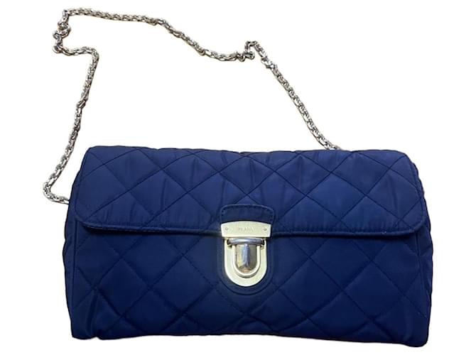 Prada Quilted Nylon Chain Shoulder Bag Dark blue Leather ref