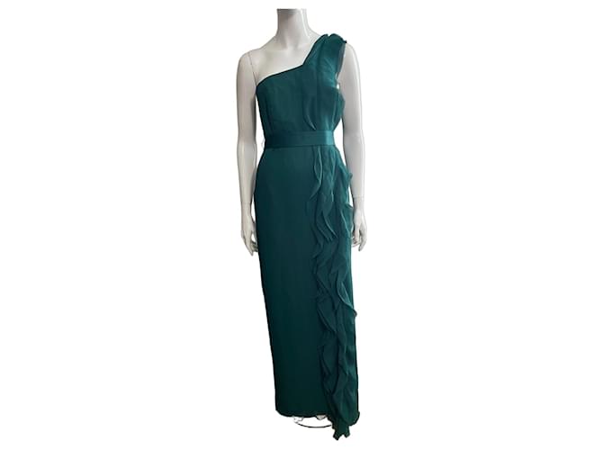 Vera Wang One-Shoulder Ruffled Regency gone Gown Dark green Polyester ref.3115487 - Joli Closet Vera Wang One-Shoulder Ruffled Regency gone Gown Dark green Polyester ref.3115487 - Joli Closet