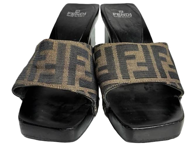 Fendi Zucca Canvas Platform Mules Brown Black Leather ref.3191110