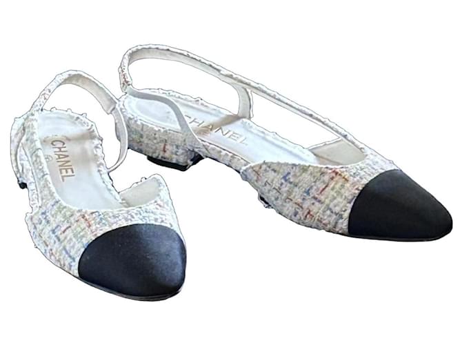 Chanel Multicolored Tweed Slingback Ballerina Flats Black White