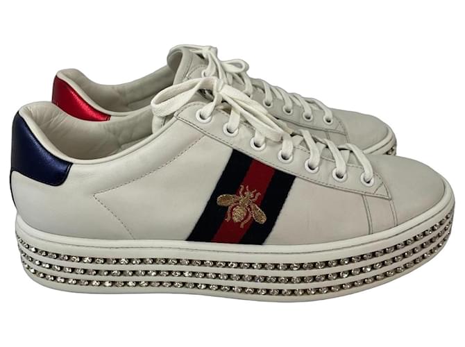 Gucci Ace Bee Crystal Platform Sneakers White Red Blue Gold