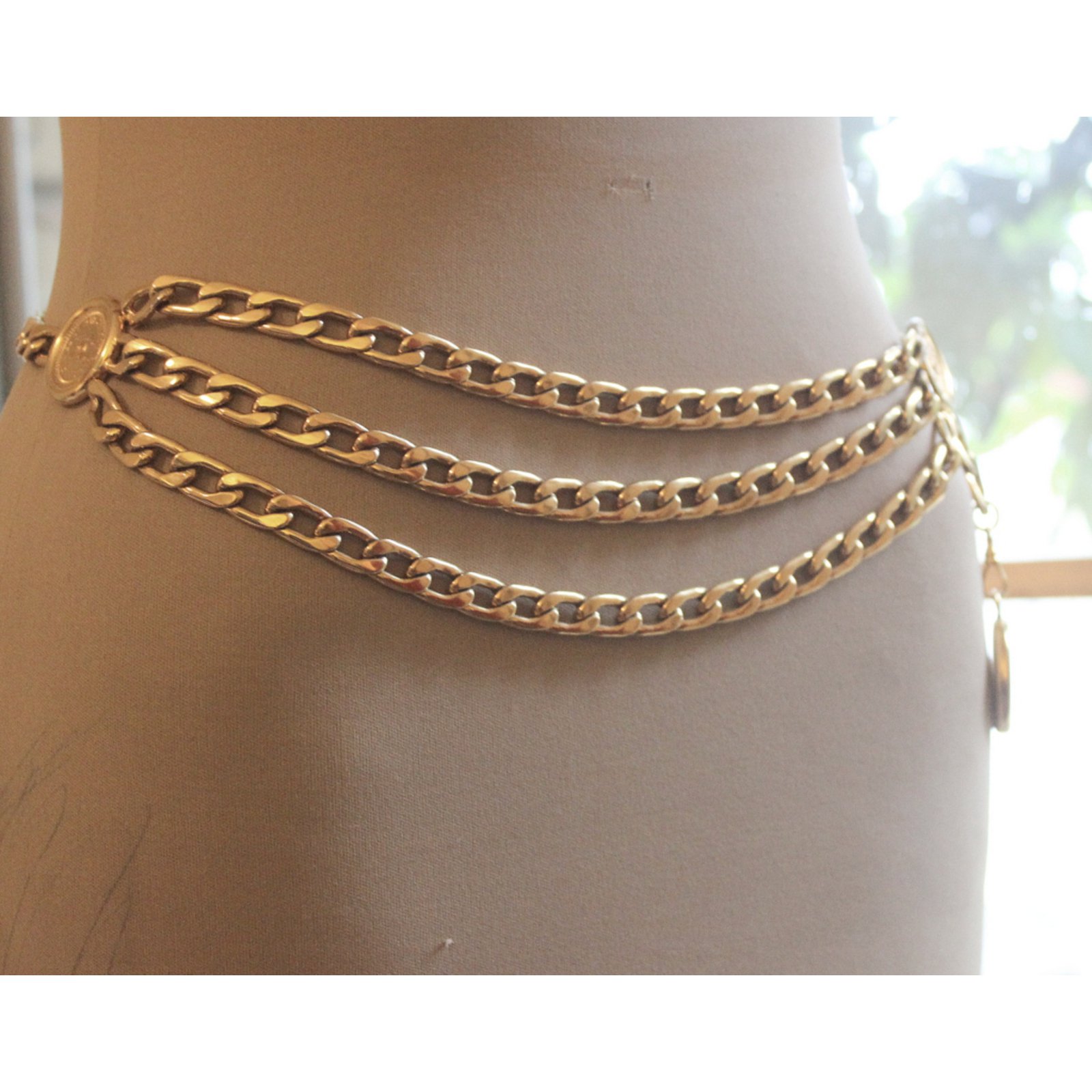 Chanel Vintage 90s supermodel-era chanel &quot;cc&quot; logo 3-medallion chain belt Belts Metal Golden ref ...