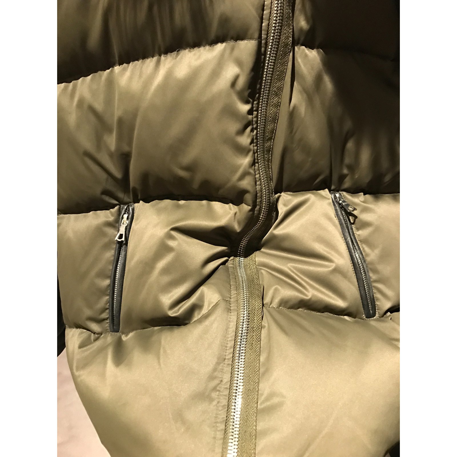 Sandro Puffer Coat Khaki Leather Polyester Fur ref.29736 - Joli Closet