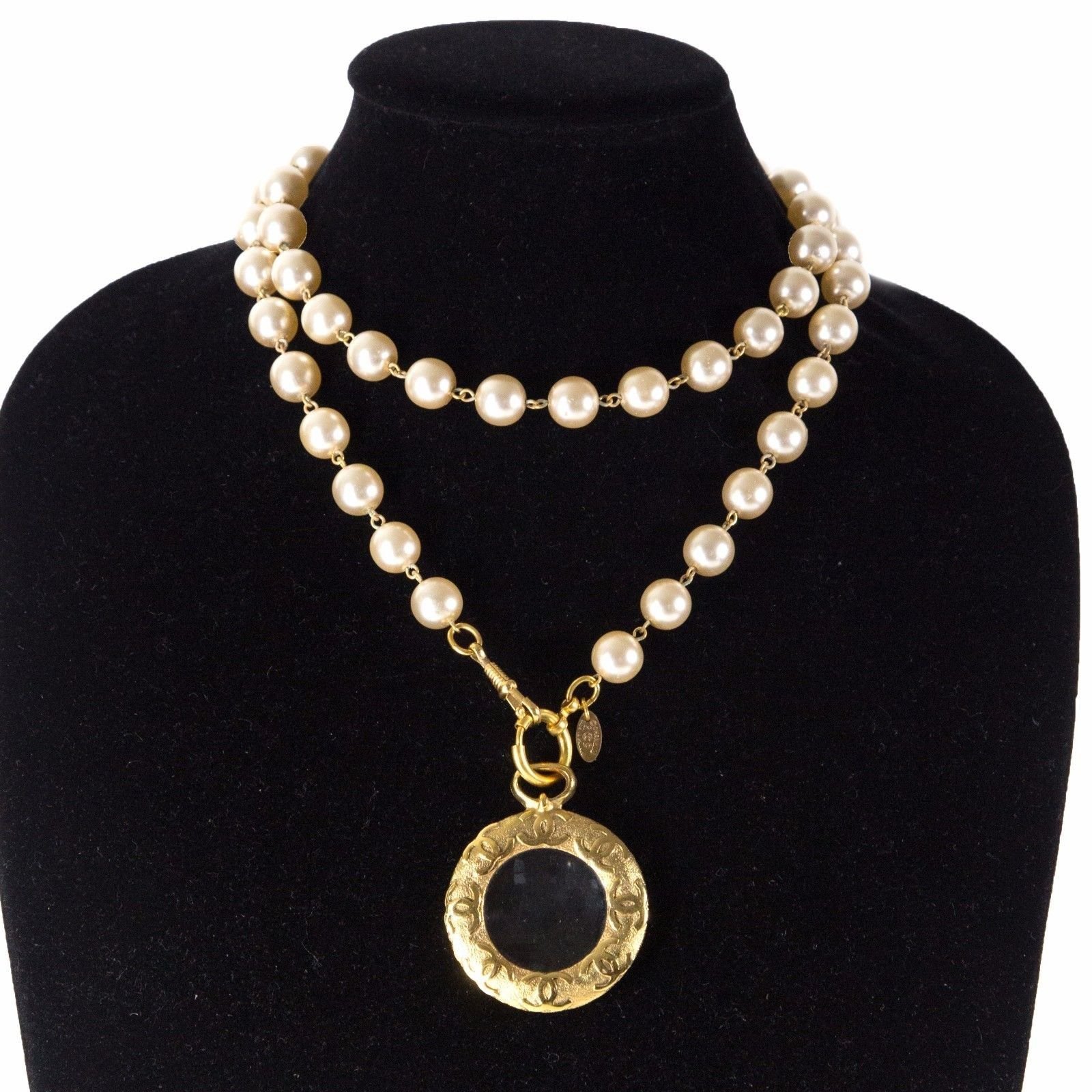 Chanel Pearl Long Necklace w/ CC Logo Glass Medallion White Metal ref