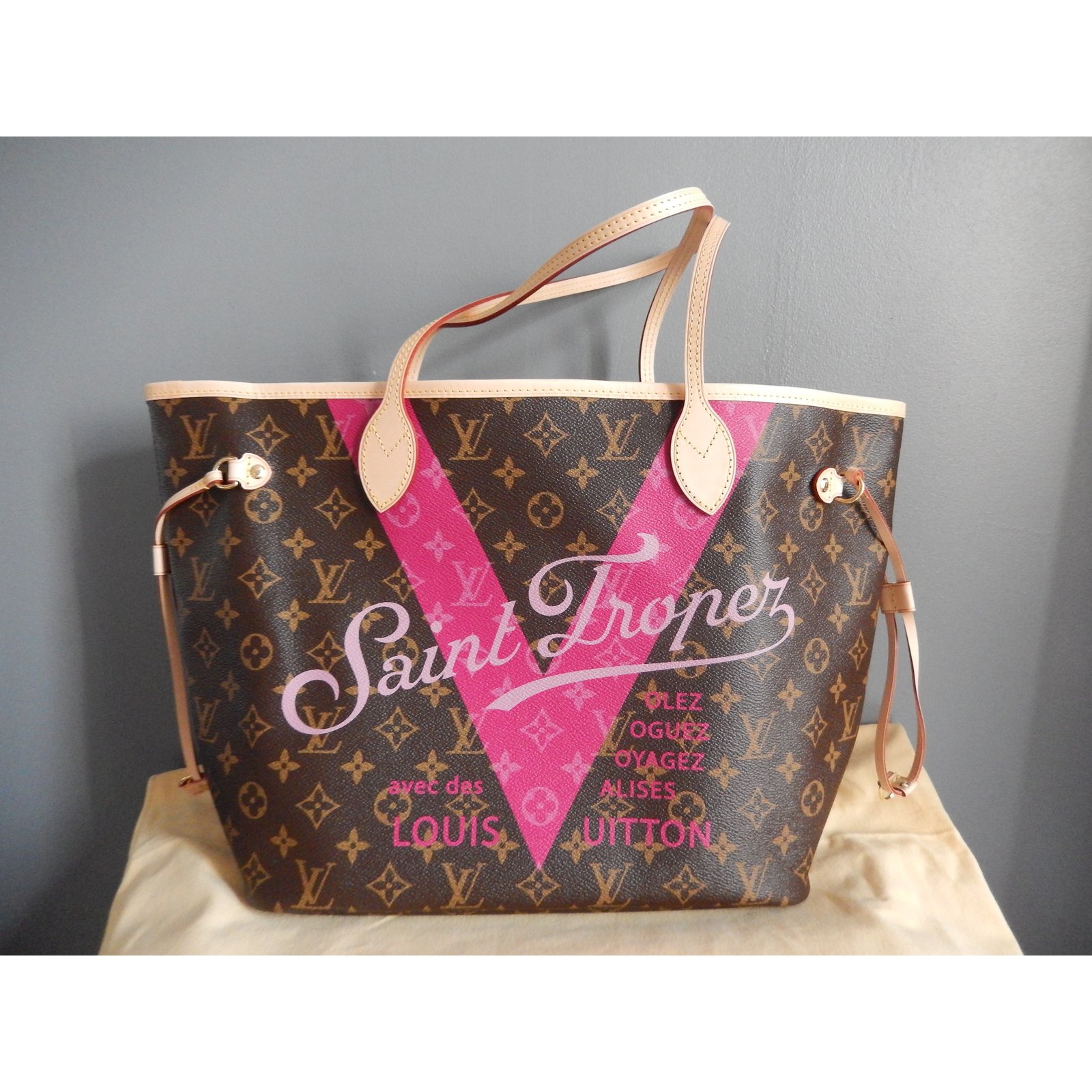 Louis Vuitton Neverfull Limited Edition Saint Tropez Hot Pink Tote with  pouch