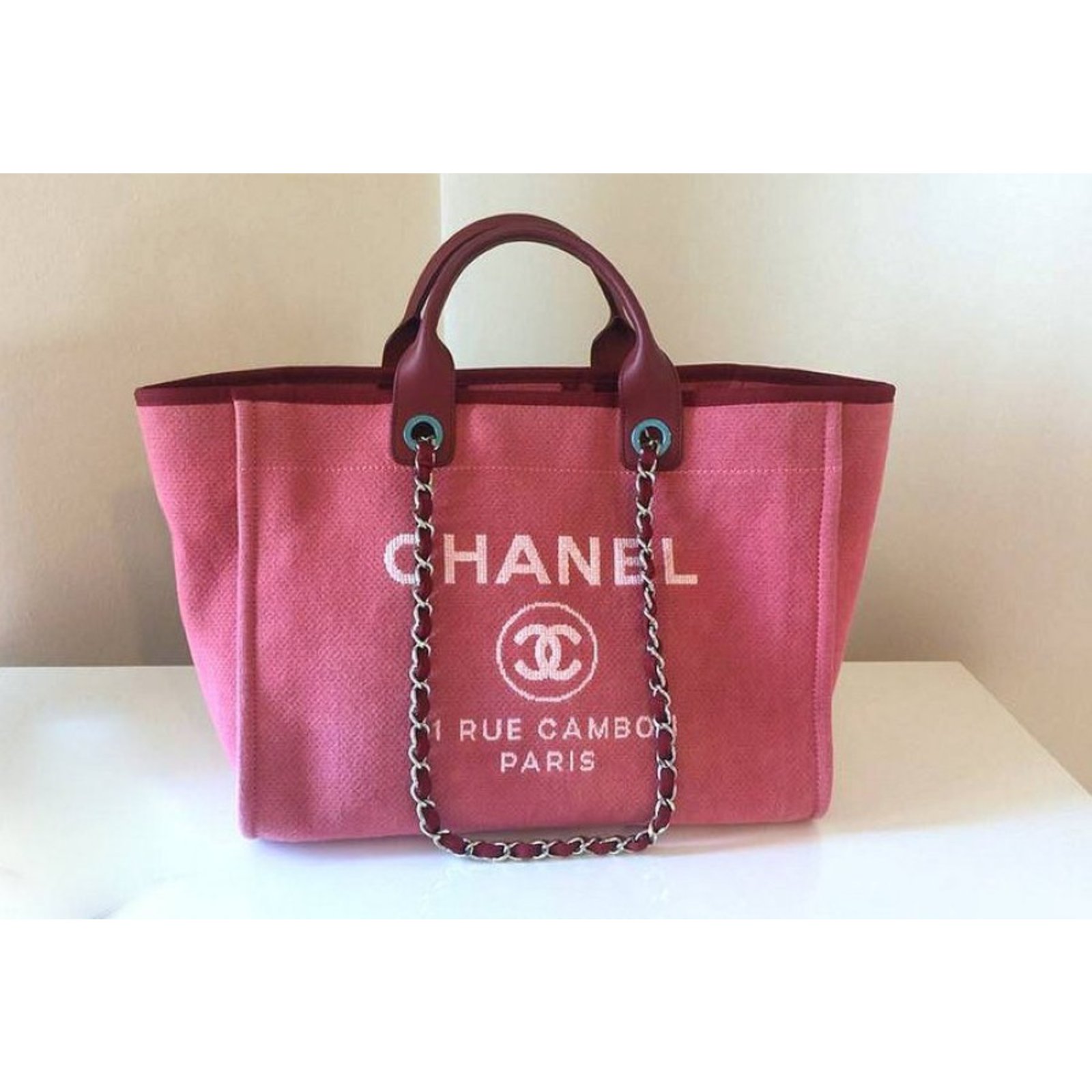 CHANEL Canvas Calfskin Striped Large Deauville Tote Pink Blue